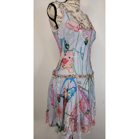 Alberto Makali Silk Beaded Sequin Mini Skater Dress US 4 Drop Waist Fairytale - Picture 2 of 12